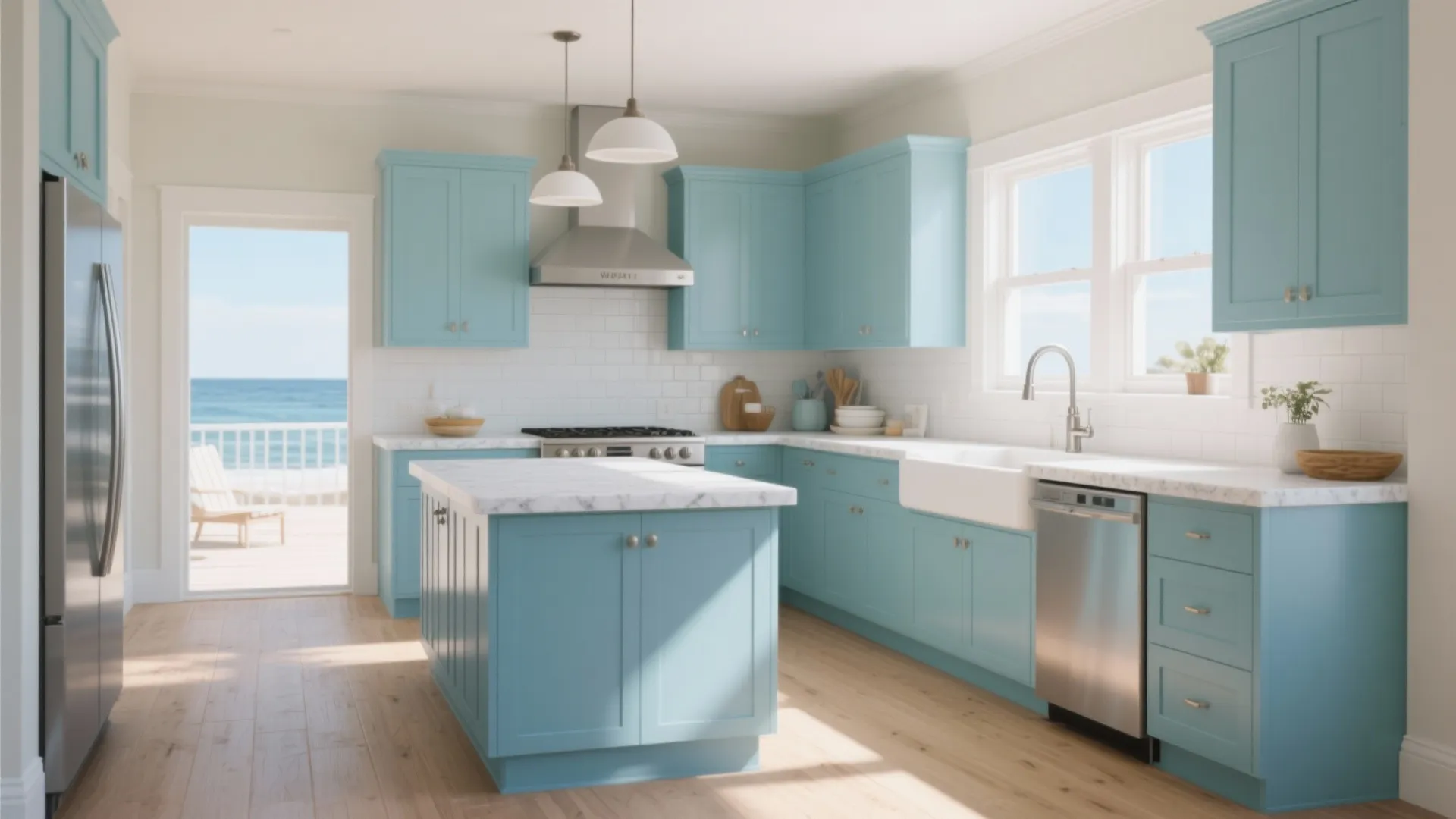 5. Coastal Blue with White Counters for a Refreshing Look