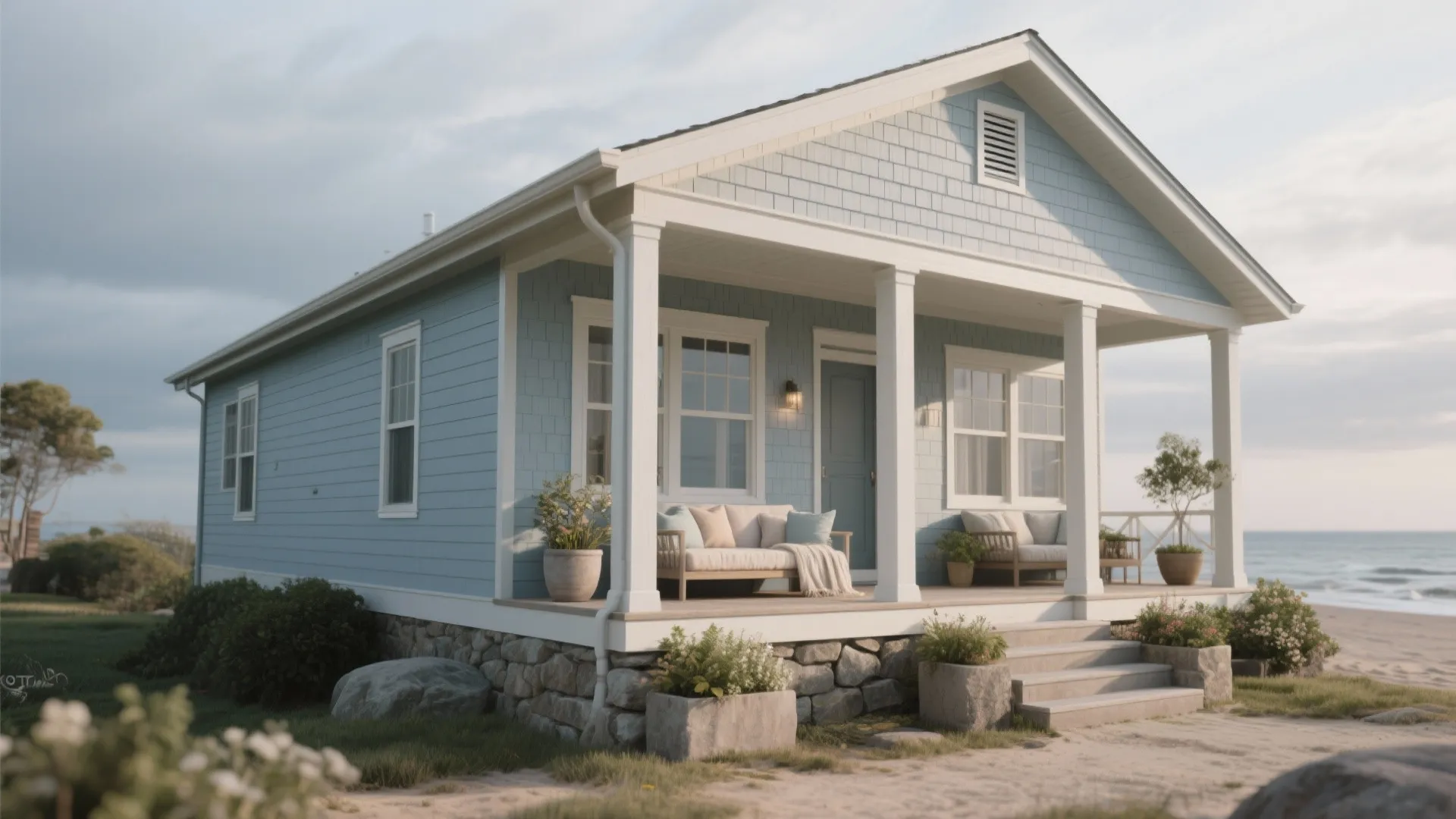 Light coastal blue-grey clapboard house with planters and stone steps under soft daylight, emphasizing siding texture.