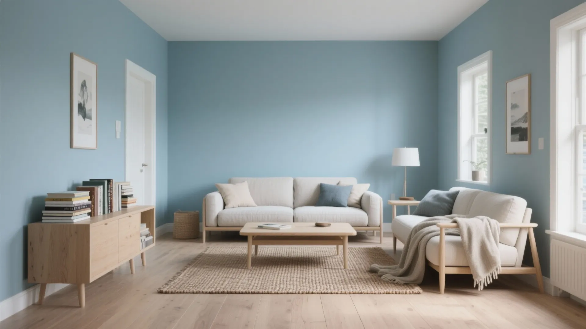 Bright blue living room with two cream sofas coffee table wood cabinet and natural sunlight