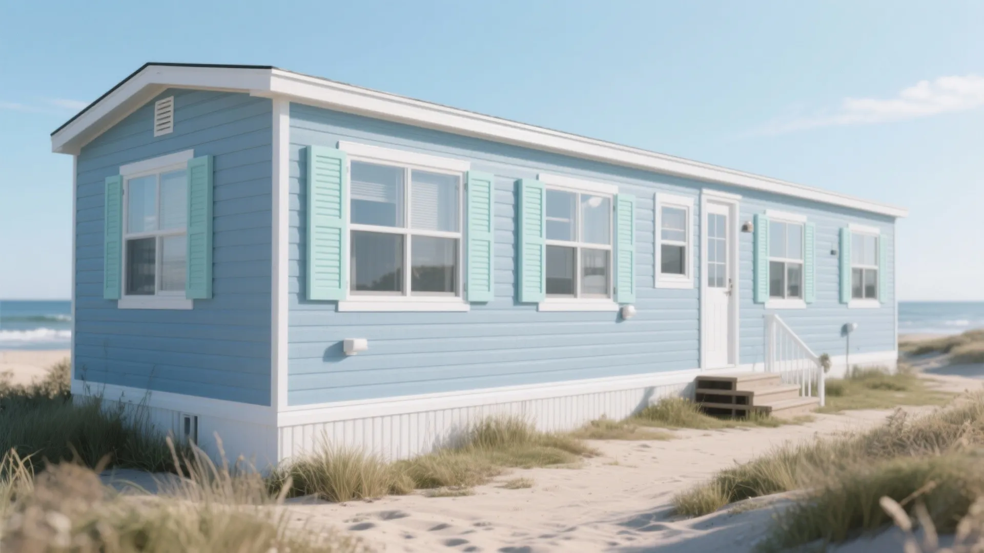Light blue beach house with teal window shutters and white trim on a sandy shore