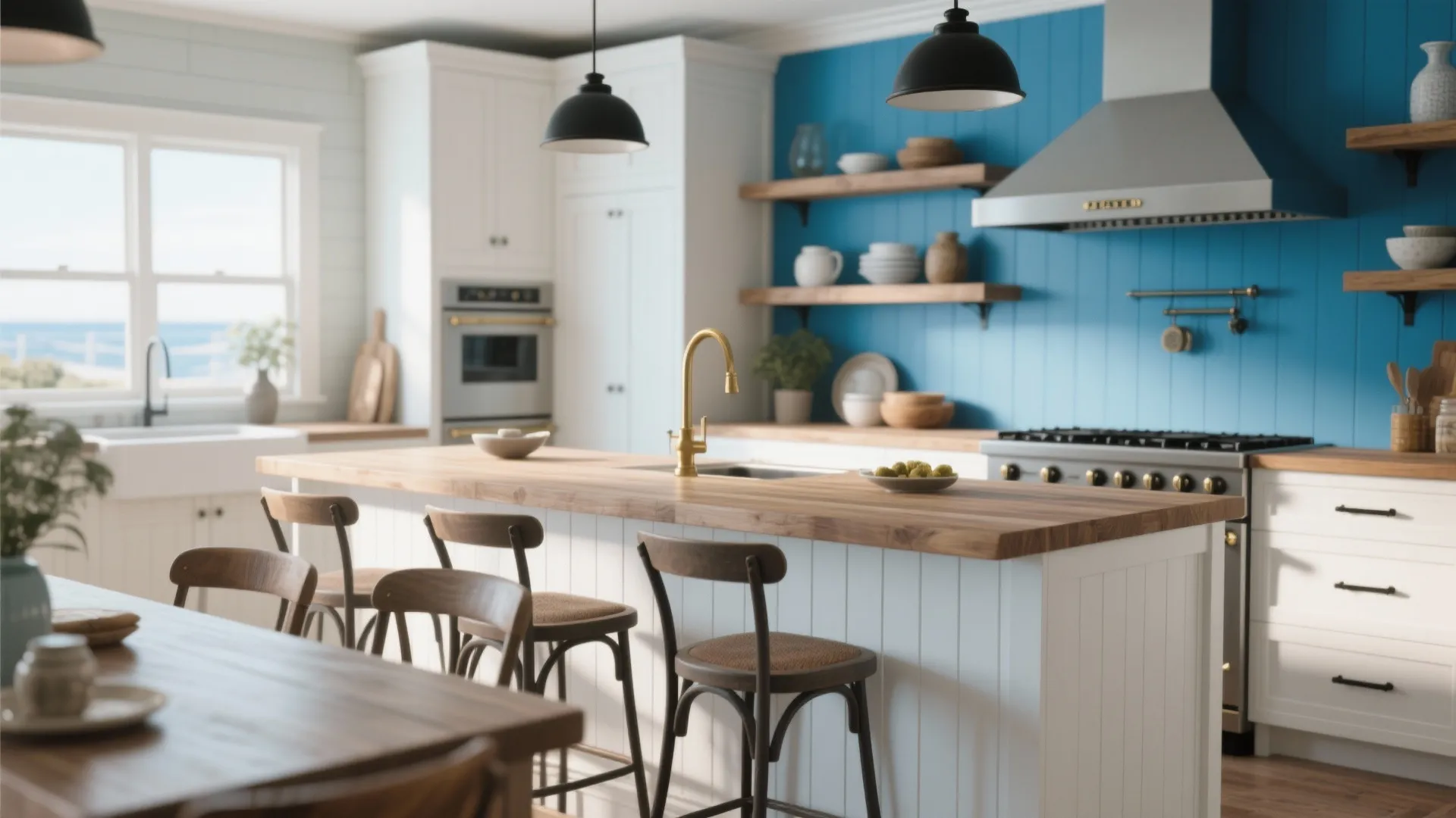 Modern kitchen with blue wall, wooden island, bar stools, black light fixtures, and white cabinets