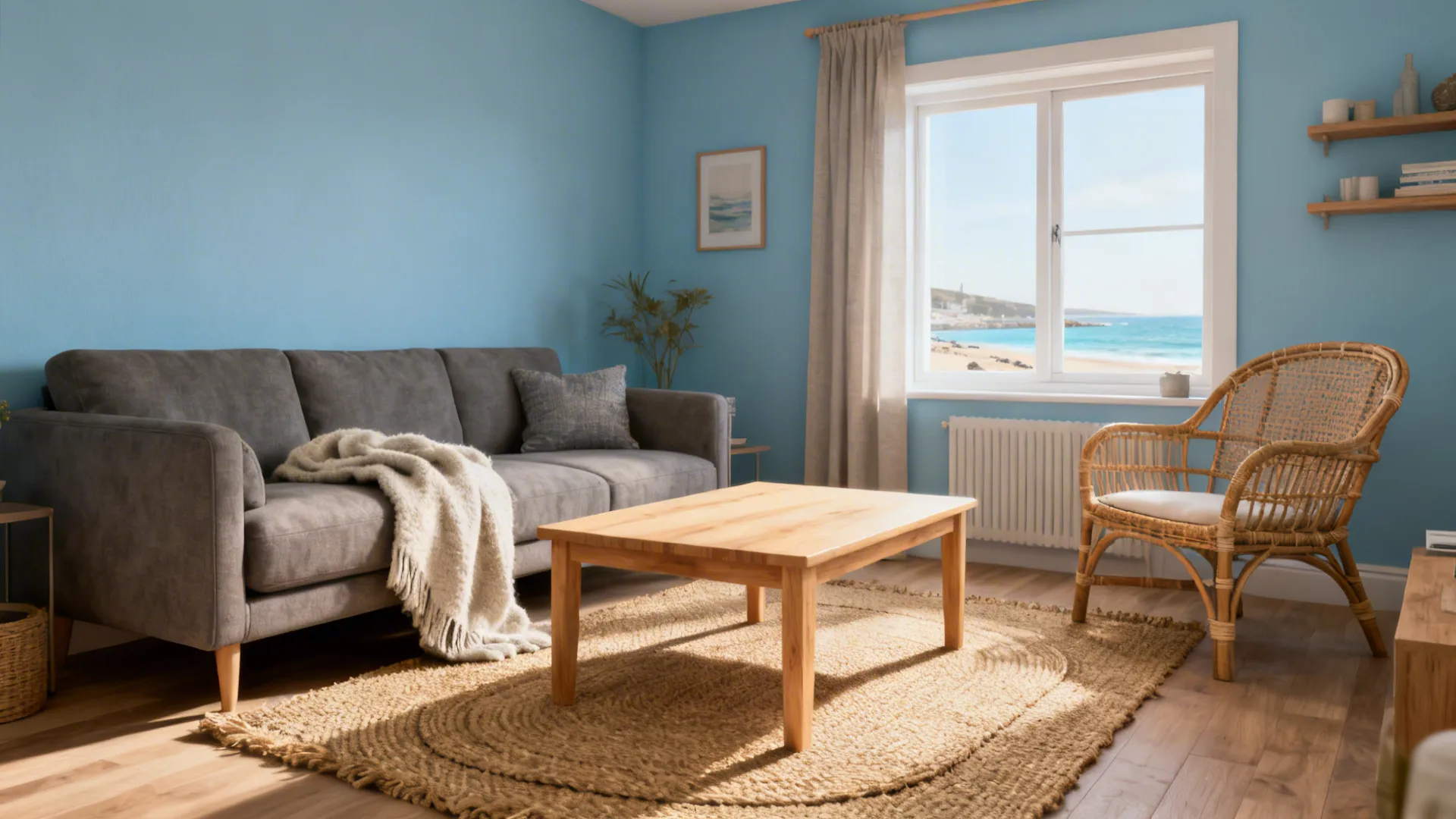 Small living room with soft coastal blue walls, warm gray sofa, rattan and light oak accents