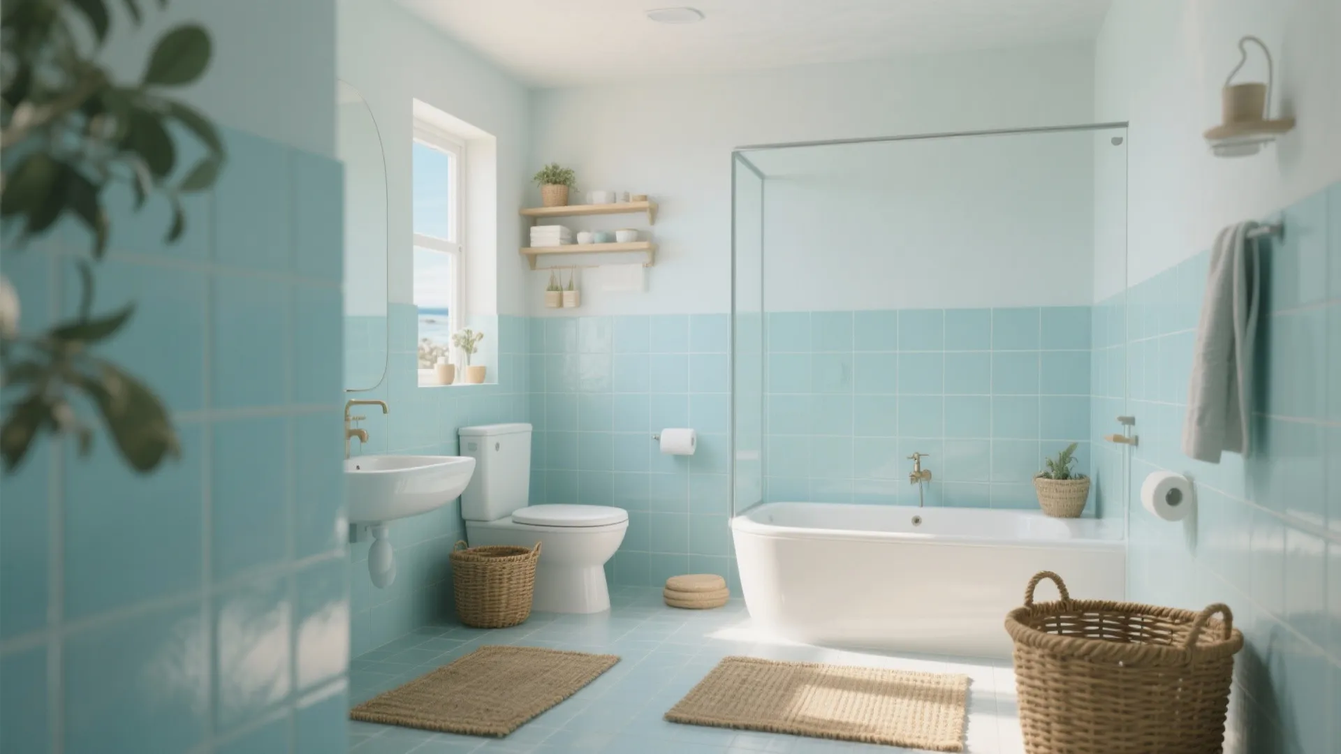 Bathroom with seafoam blue painted tiles, jute mat, and rattan basket