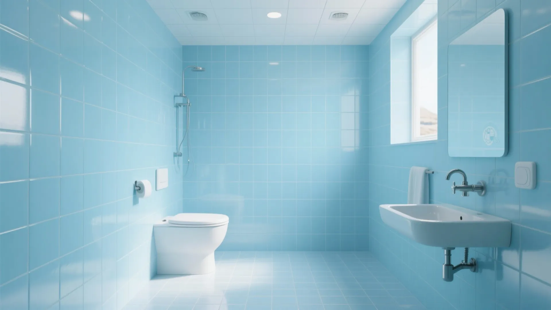 Modern blue tiled bathroom with a white toilet and a wall sink under natural light