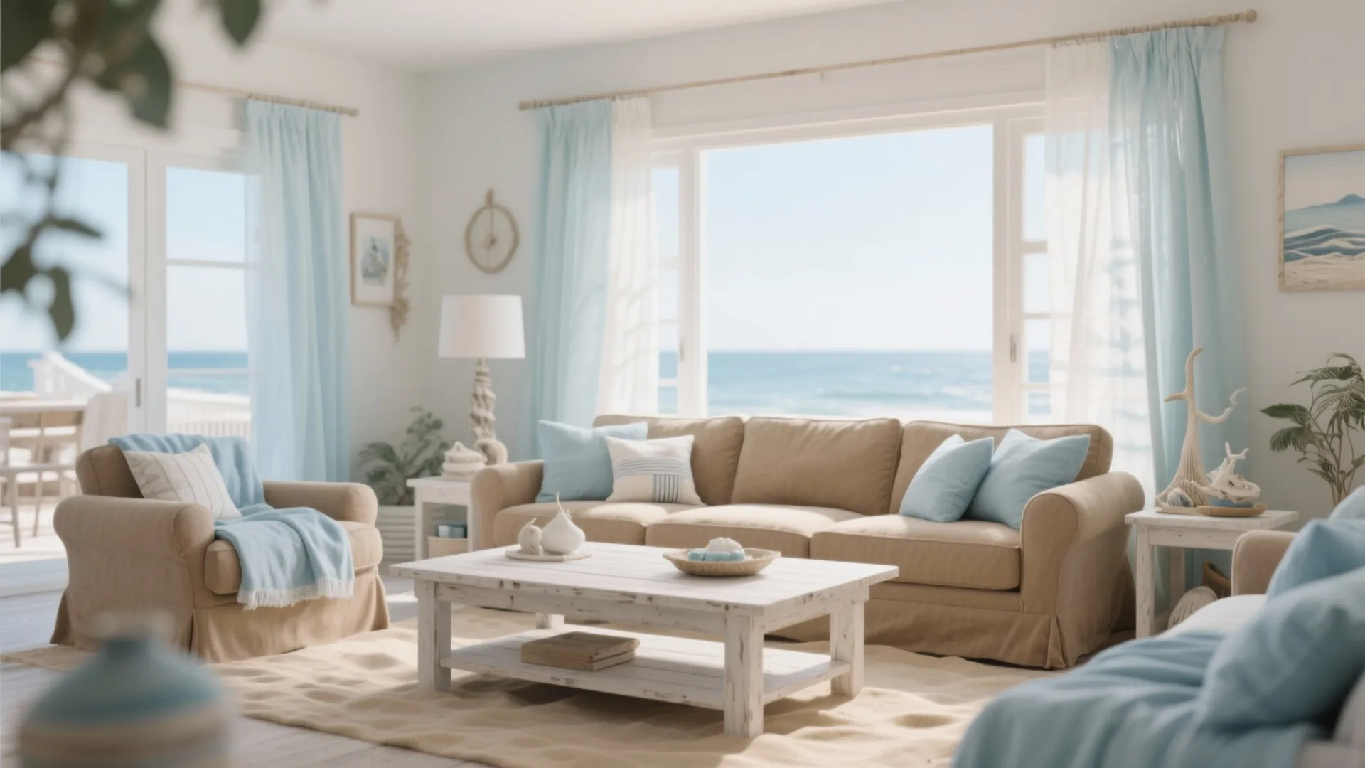 Coastal living room with tan sofa, white coffee table, blue curtains, and beautiful ocean view