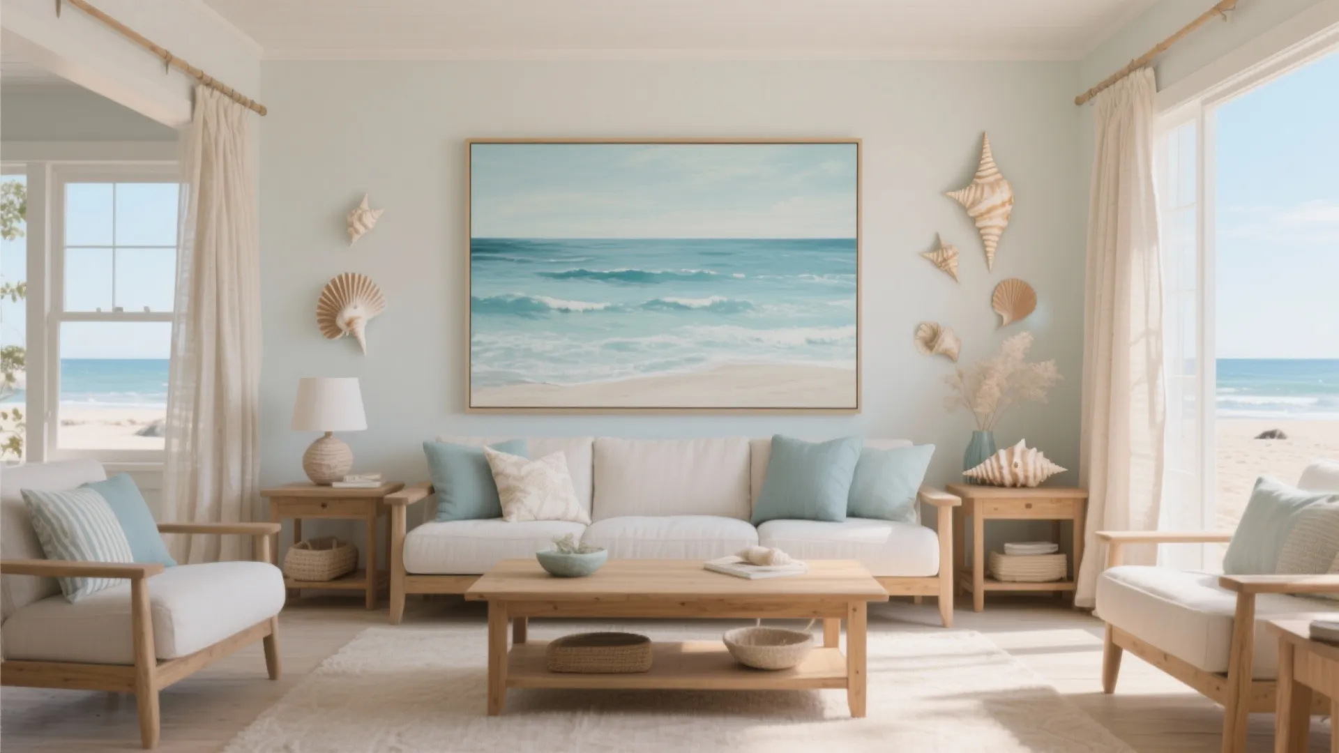 Beach house living room with ocean-inspired blue canvas painting
