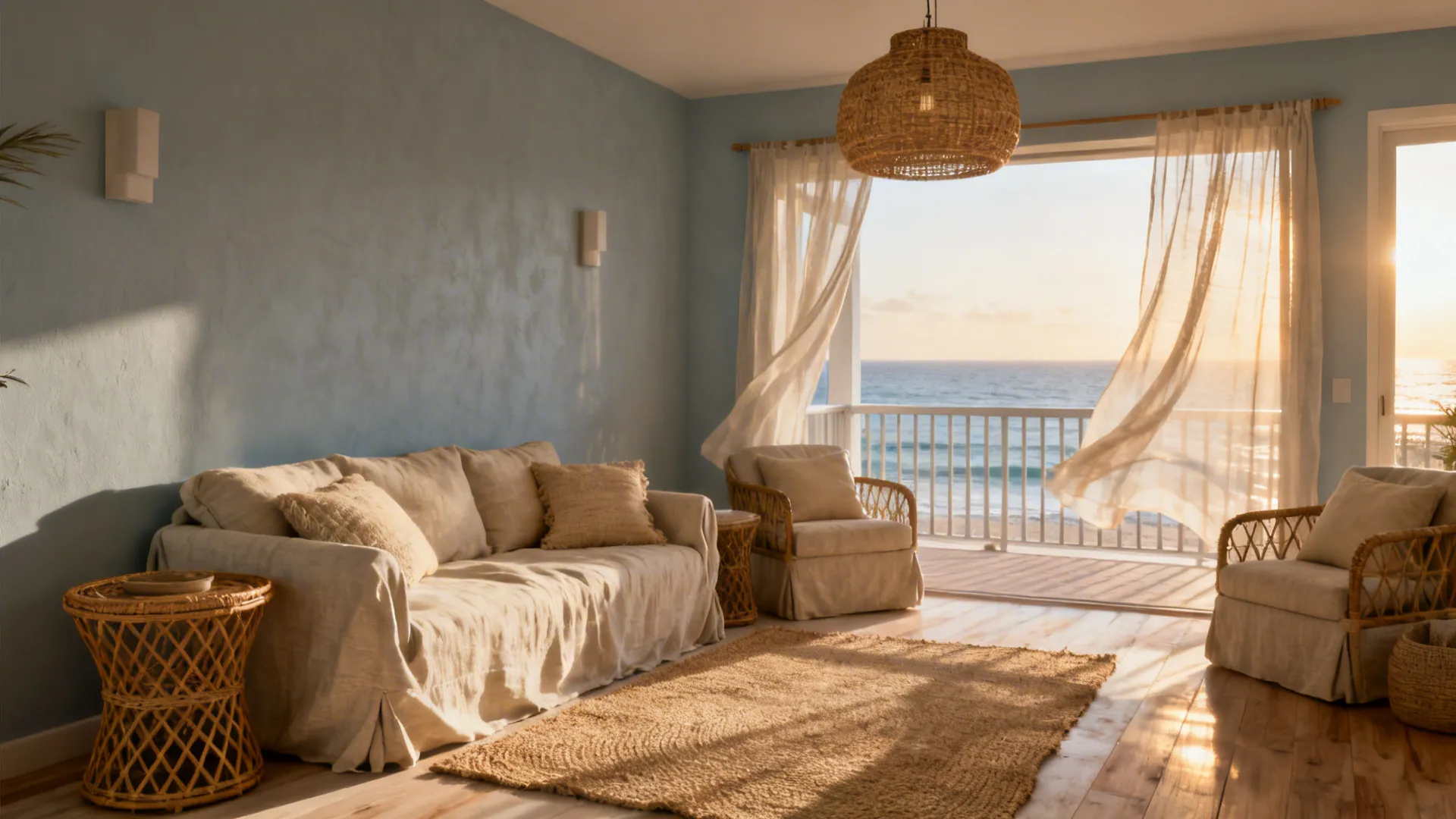 Coastal living room with beige sofa rattan furniture woven ceiling light curtains and sunset ocean