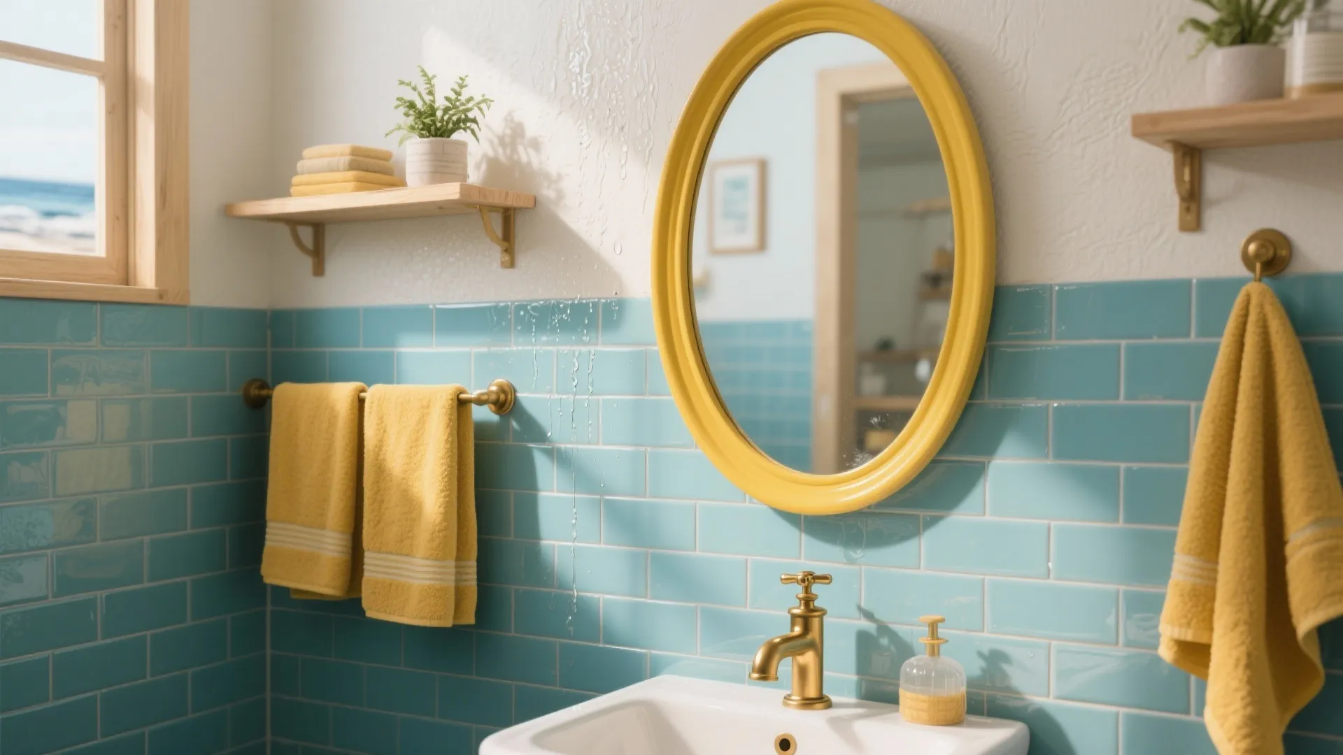 2. Coastal Blue Tiles + Mustard Accessories