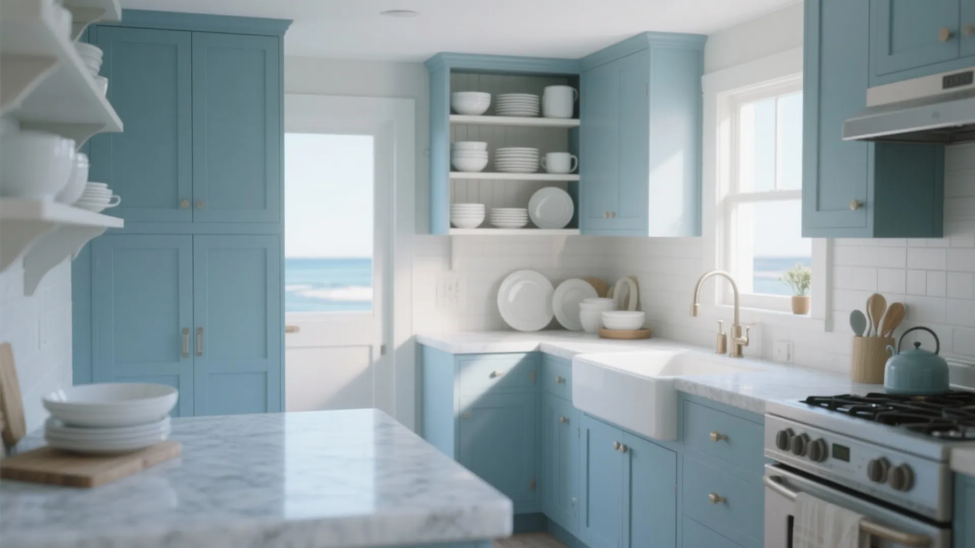 Coastal kitchen with light blue cabinets white sink marble countertop and view of the ocean