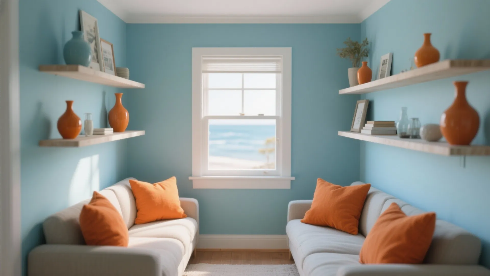 Bright blue living room with white sofas orange pillows wooden shelves and ocean view window