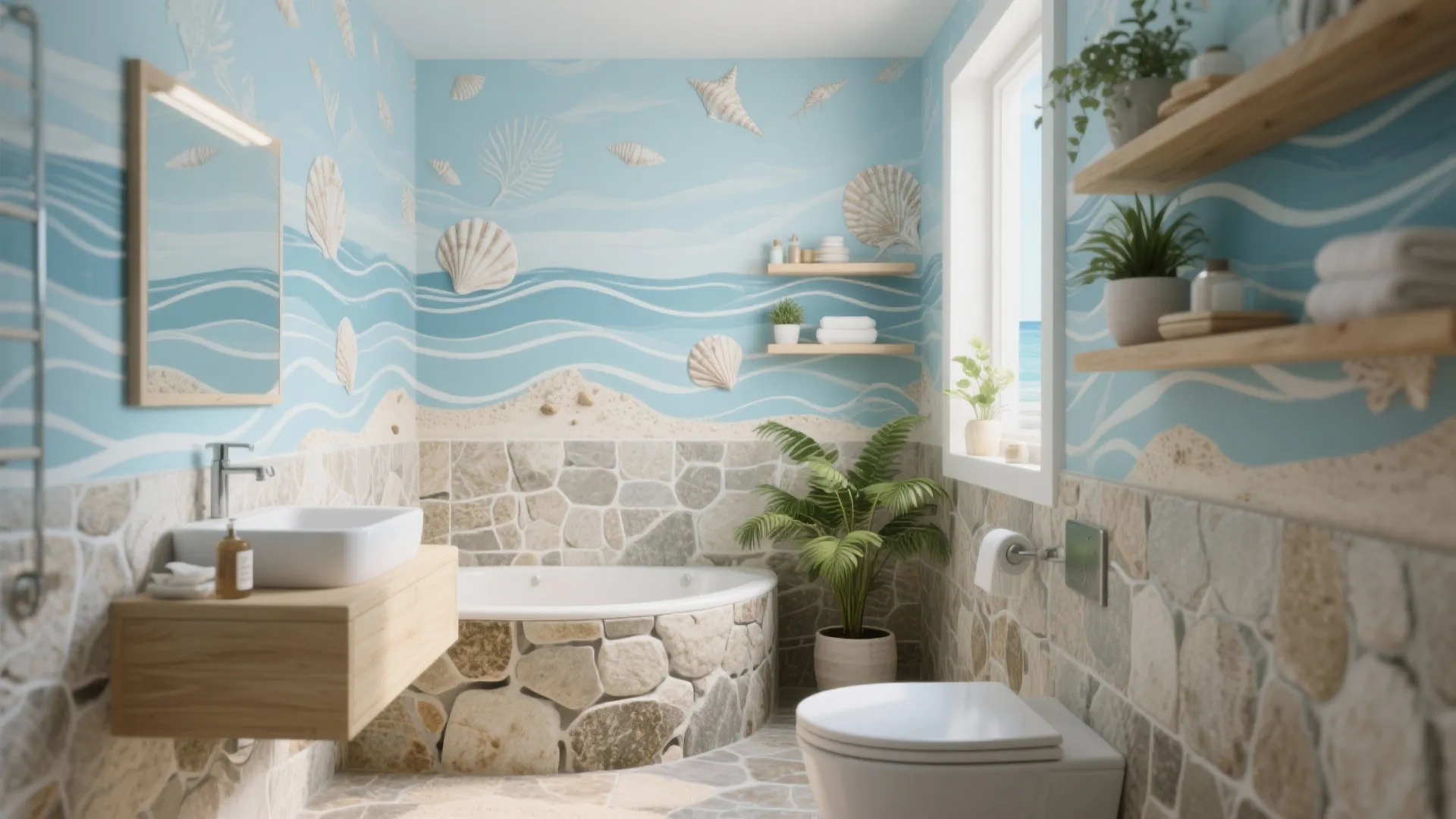 Coastal bathroom with blue seashell wallpaper, stone walls, white bathtub, wooden shelves, and green plants