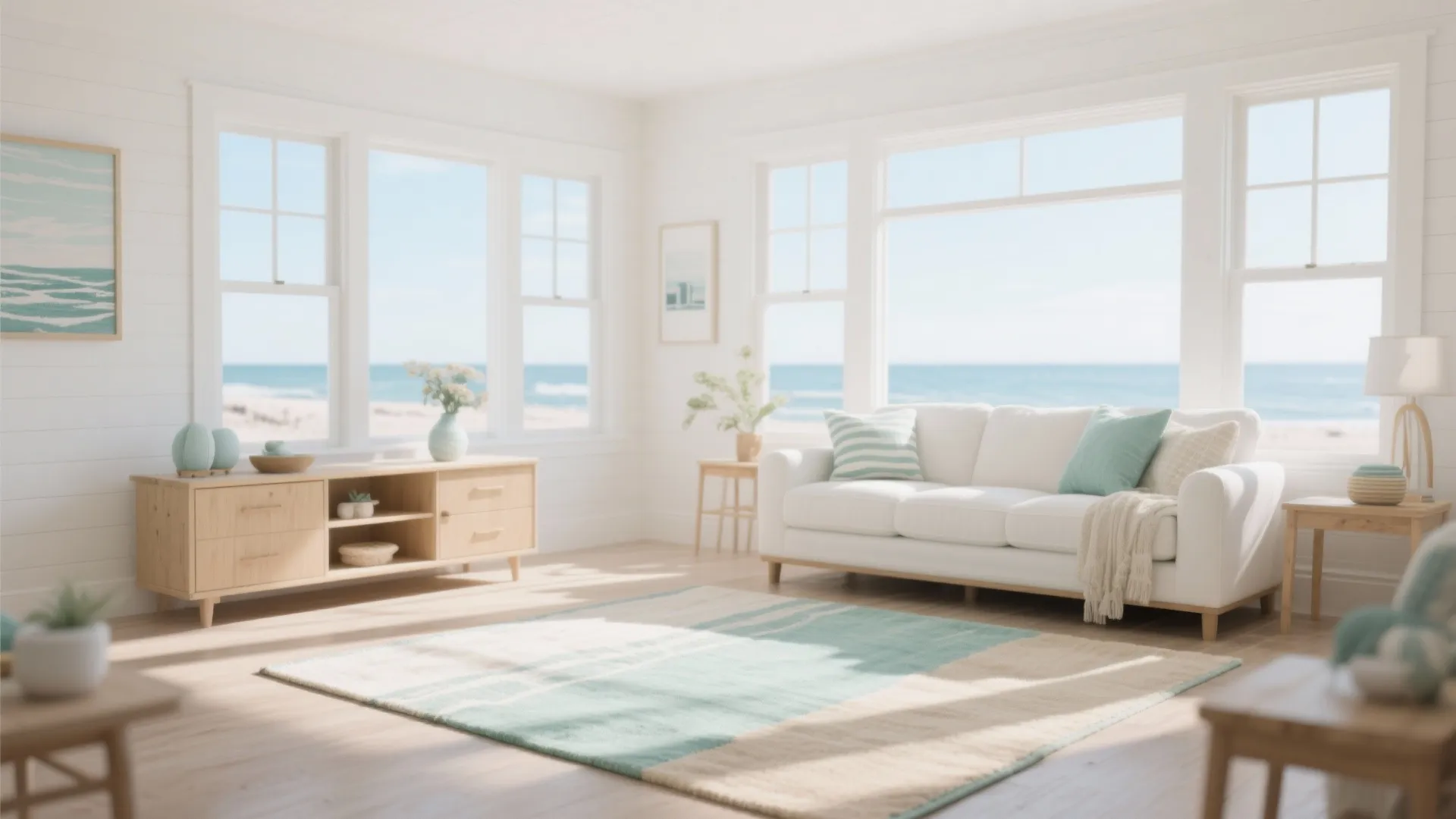 Bright beach style living room with light blue rug white sofa and large windows view