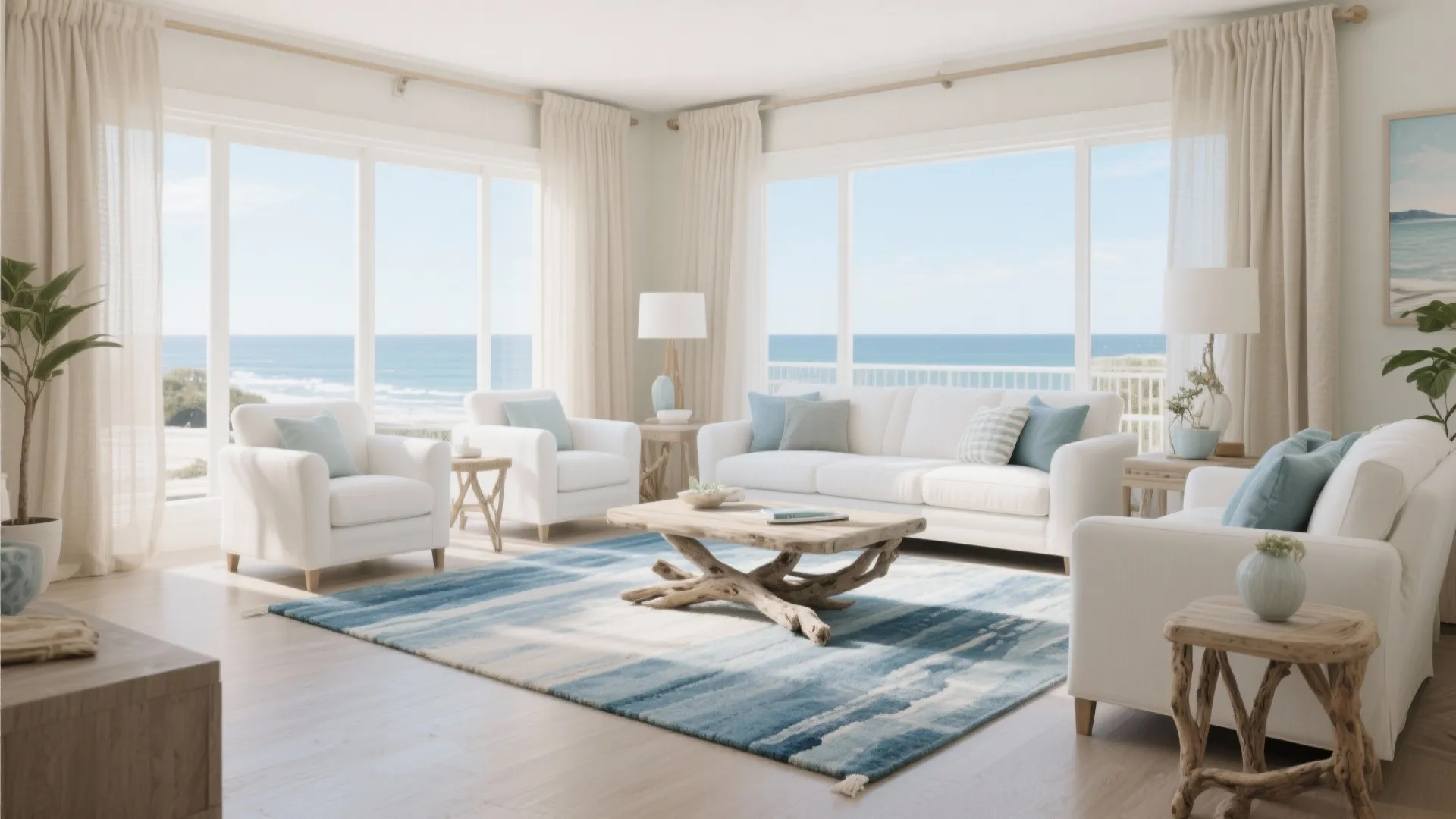 Bright coastal living room with blue rug white sofas wooden coffee table and ocean view windows