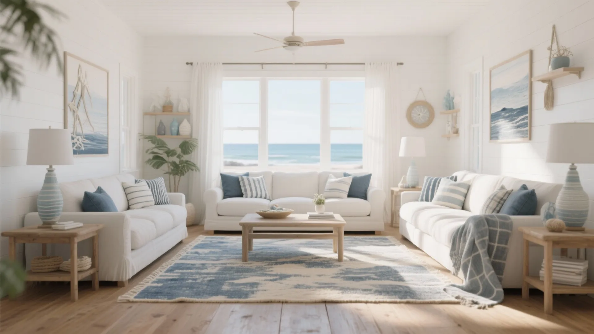 Coastal living room with white sofas, blue rug, wooden coffee table, and ocean view windows