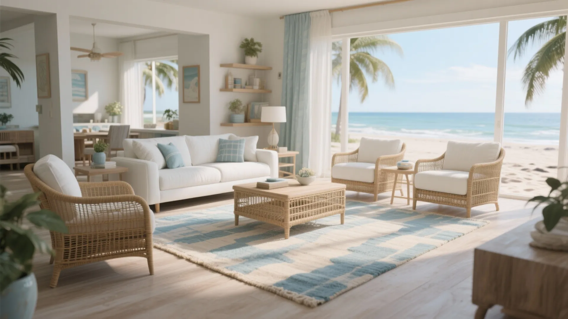 Bright coastal living room with white sofa wicker chairs blue pattern rug and ocean beach view