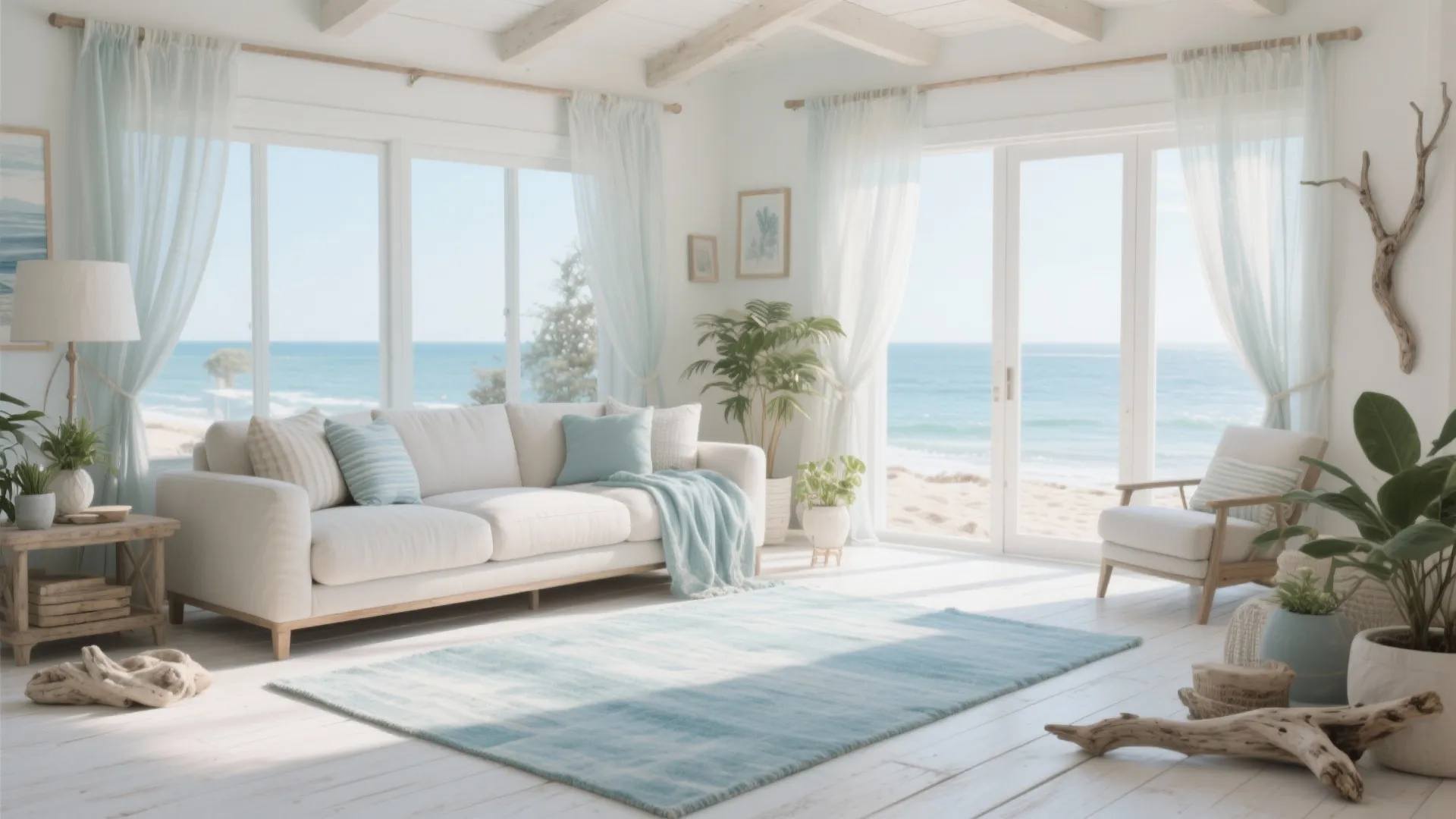 Bright coastal living room featuring white sofa light blue rug large windows and clear view