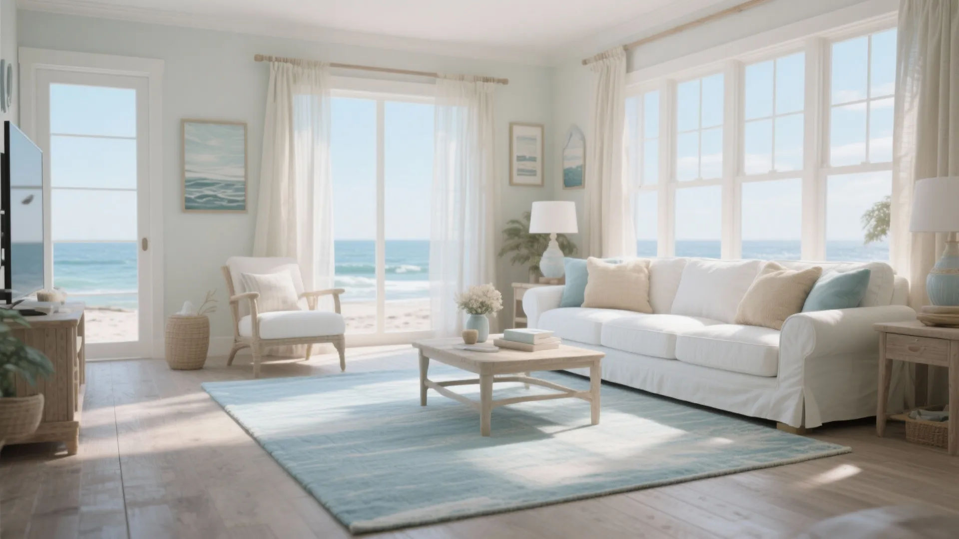 Coastal living room with soft blue rug and white furniture