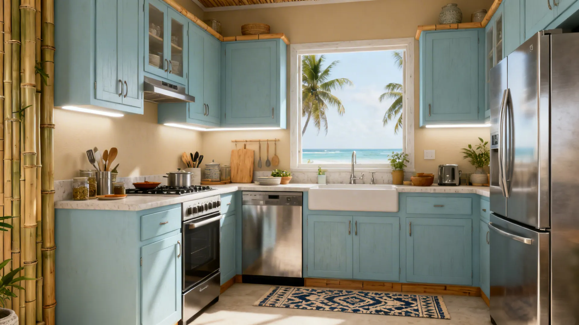 Coastal Calm: Pastel Blue Cabinets with Sand-Toned Walls