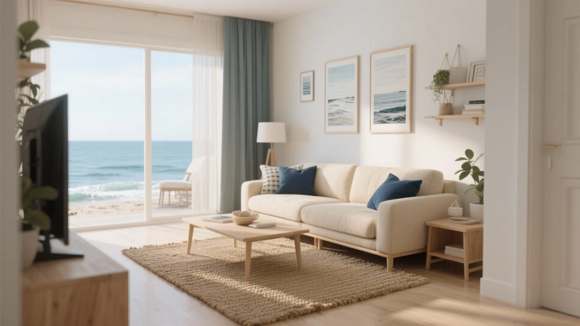 Bright coastal living room with cream sofa blue pillows ocean view and light wood table