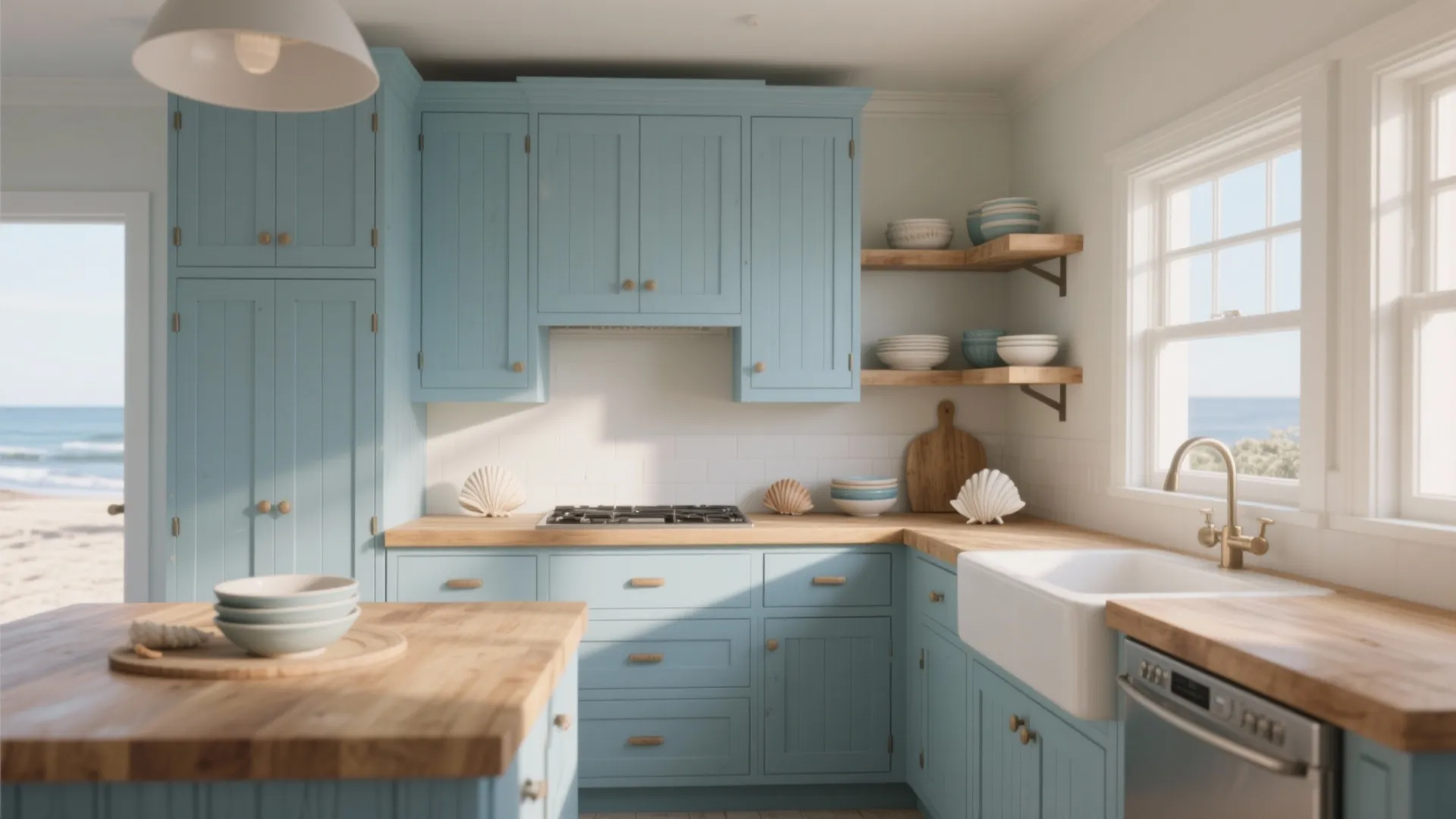 1. Coastal Light Blue with Warm Wood Accents