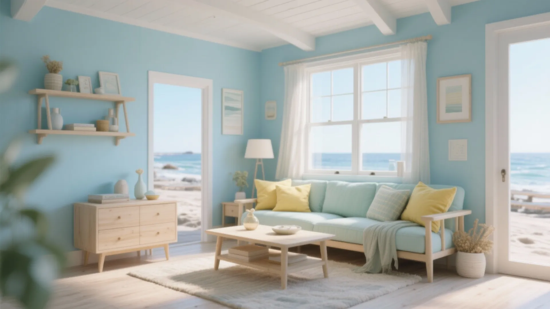 1. Coastal Calm with Soft Blues and Pastel Yellows