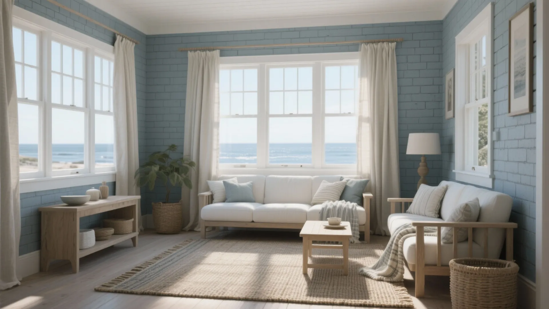 Coastal living room with blue brick walls white sofa wooden coffee table and large ocean view