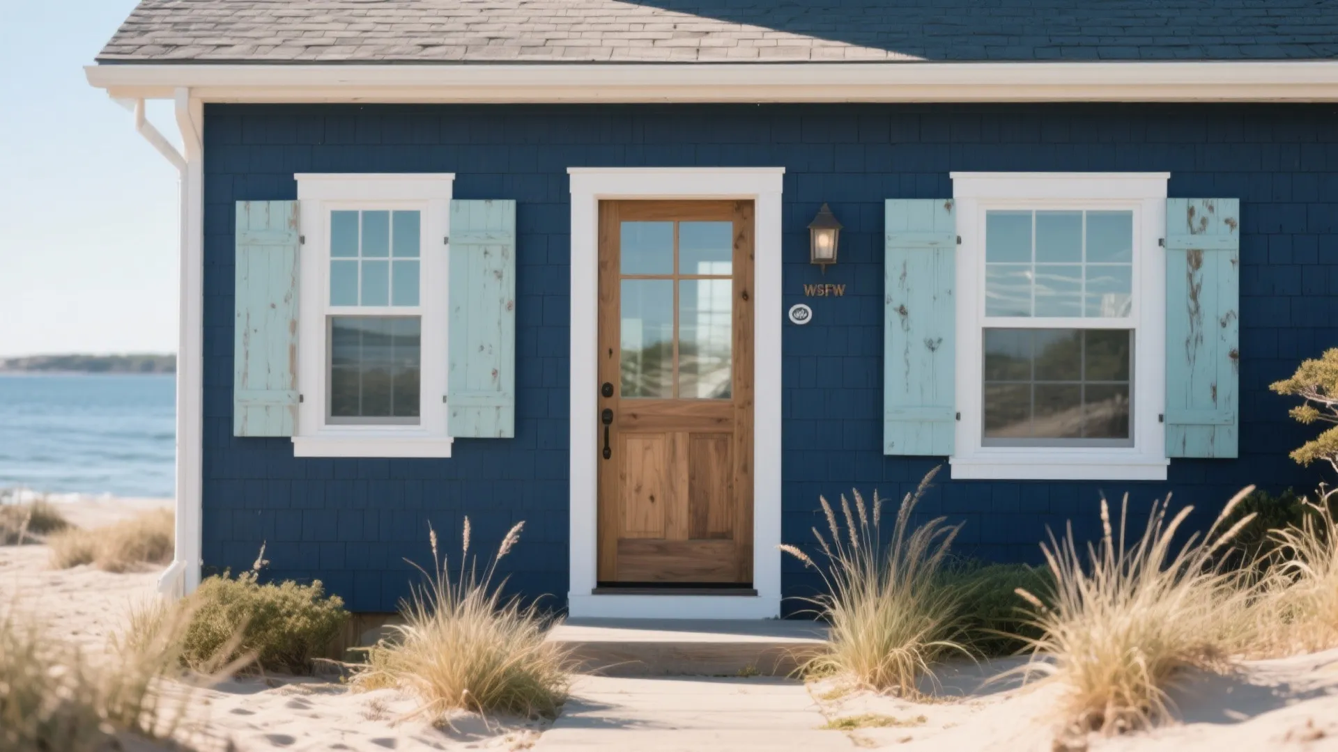 Dark blue house with wooden door and light blue shutters on a sandy beach shore