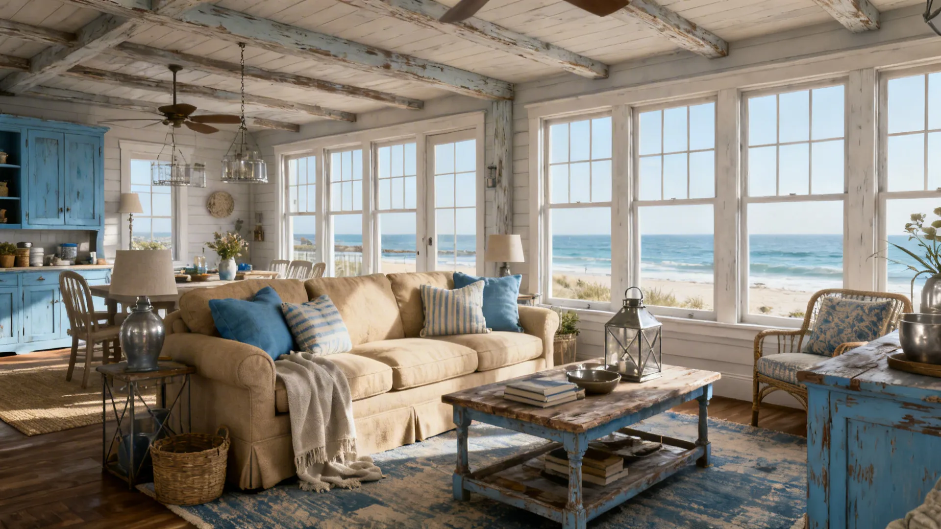 Coastal living room with layered blues, sandy neutrals and aged wood