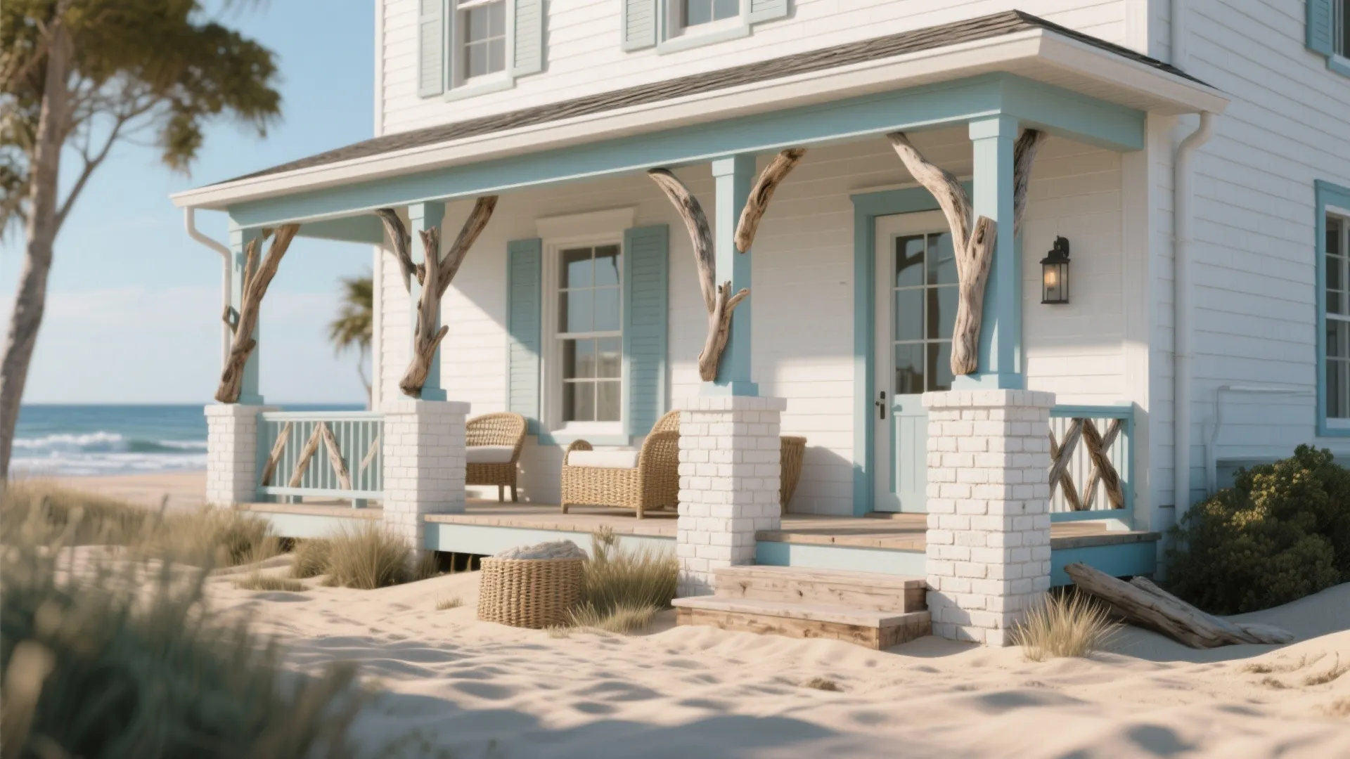 Coastal beach house with blue porch trim white brick pillars wicker chairs and ocean view