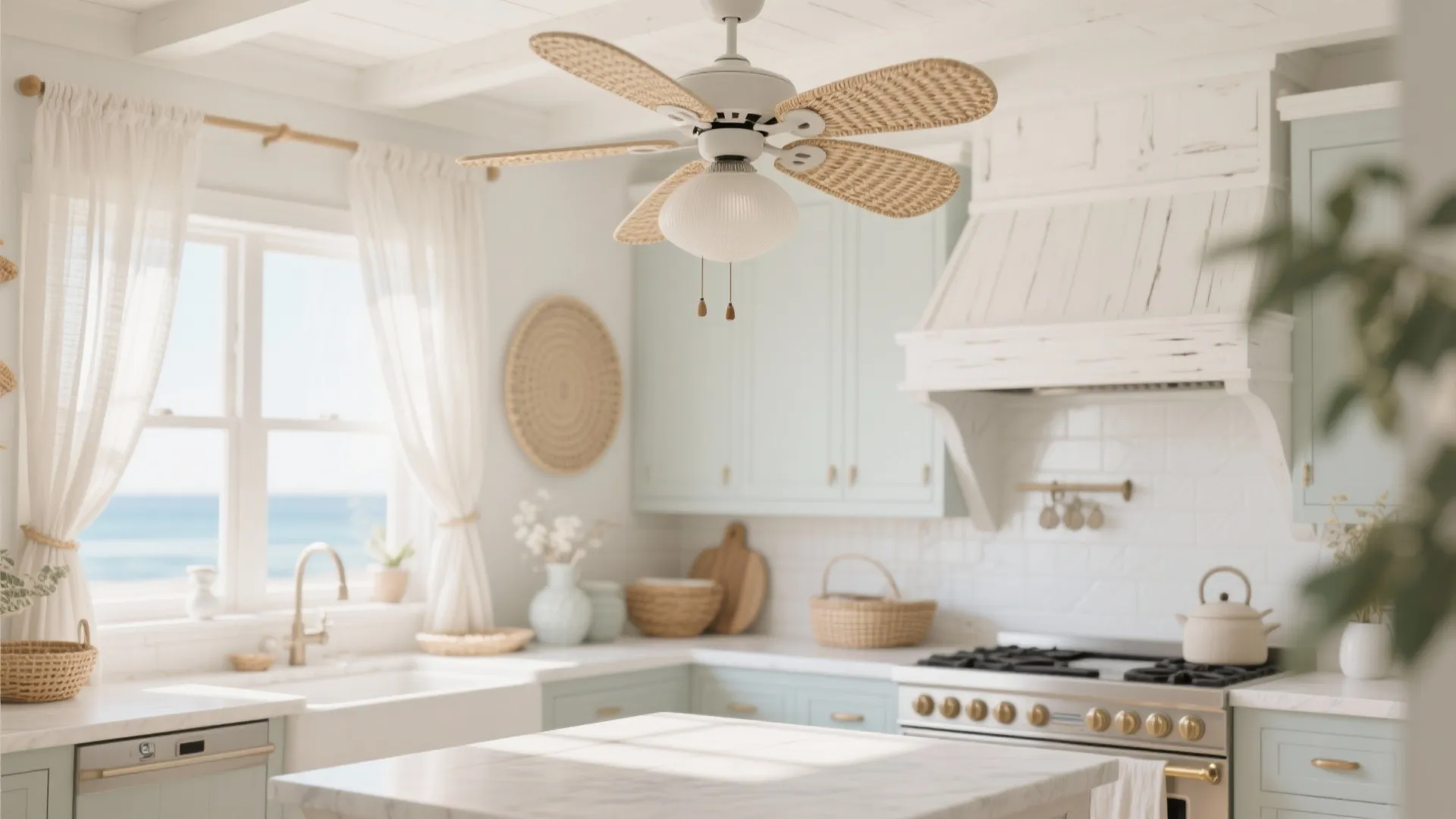 Coastal kitchen with whitewashed fan blades and rattan decor