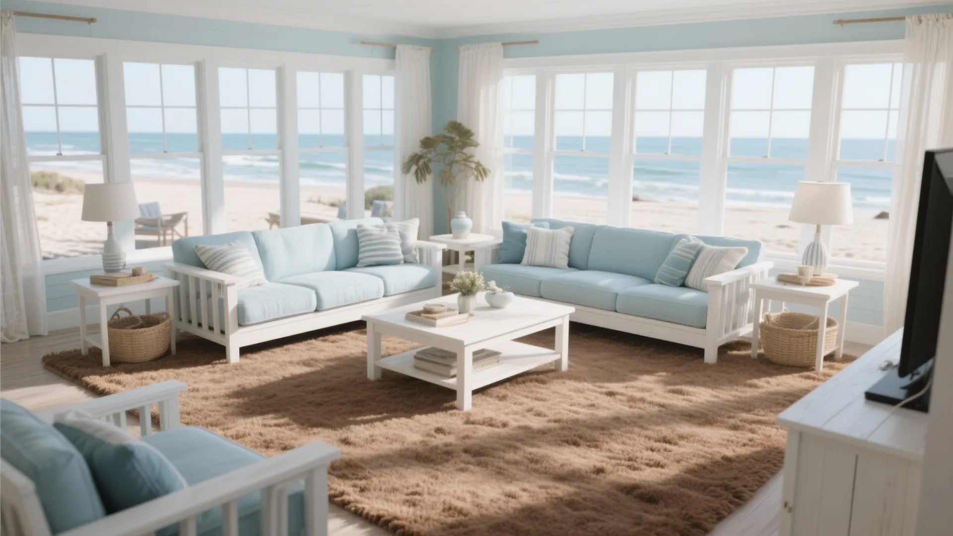 Coastal living room with brown carpet and blue decor