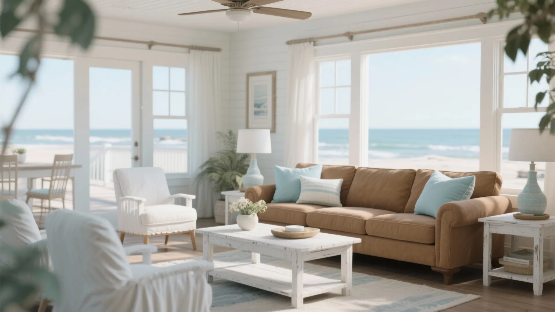 Camel brown couch with blue cushions and coastal decor