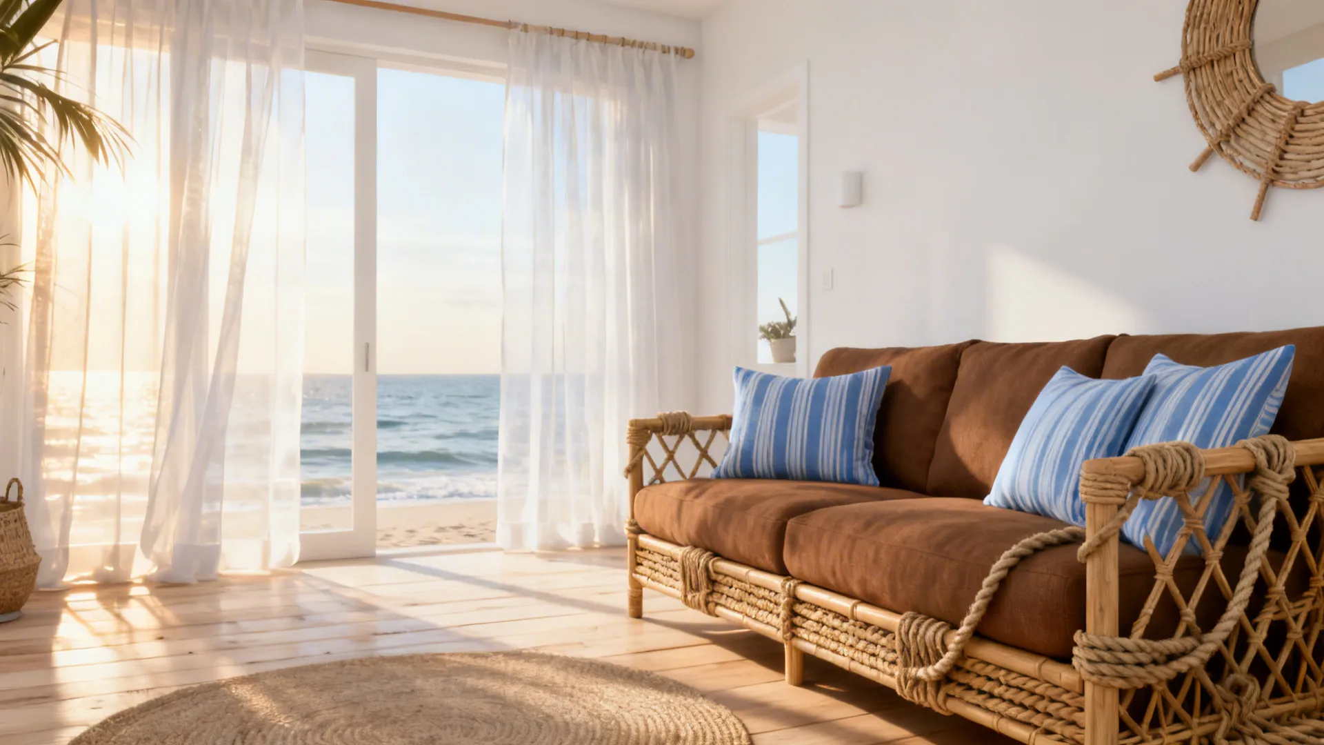Airy coastal living room with a brown couch, blue striped pillows and rattan accents.
