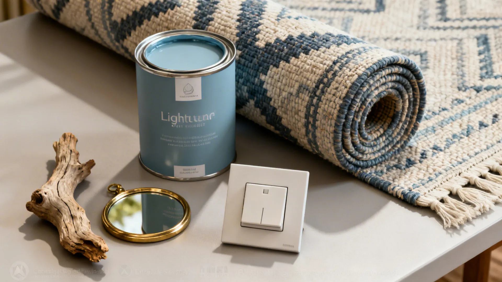 Budget-friendly coastal essentials: paint swatch, statement rug, and two curated accents