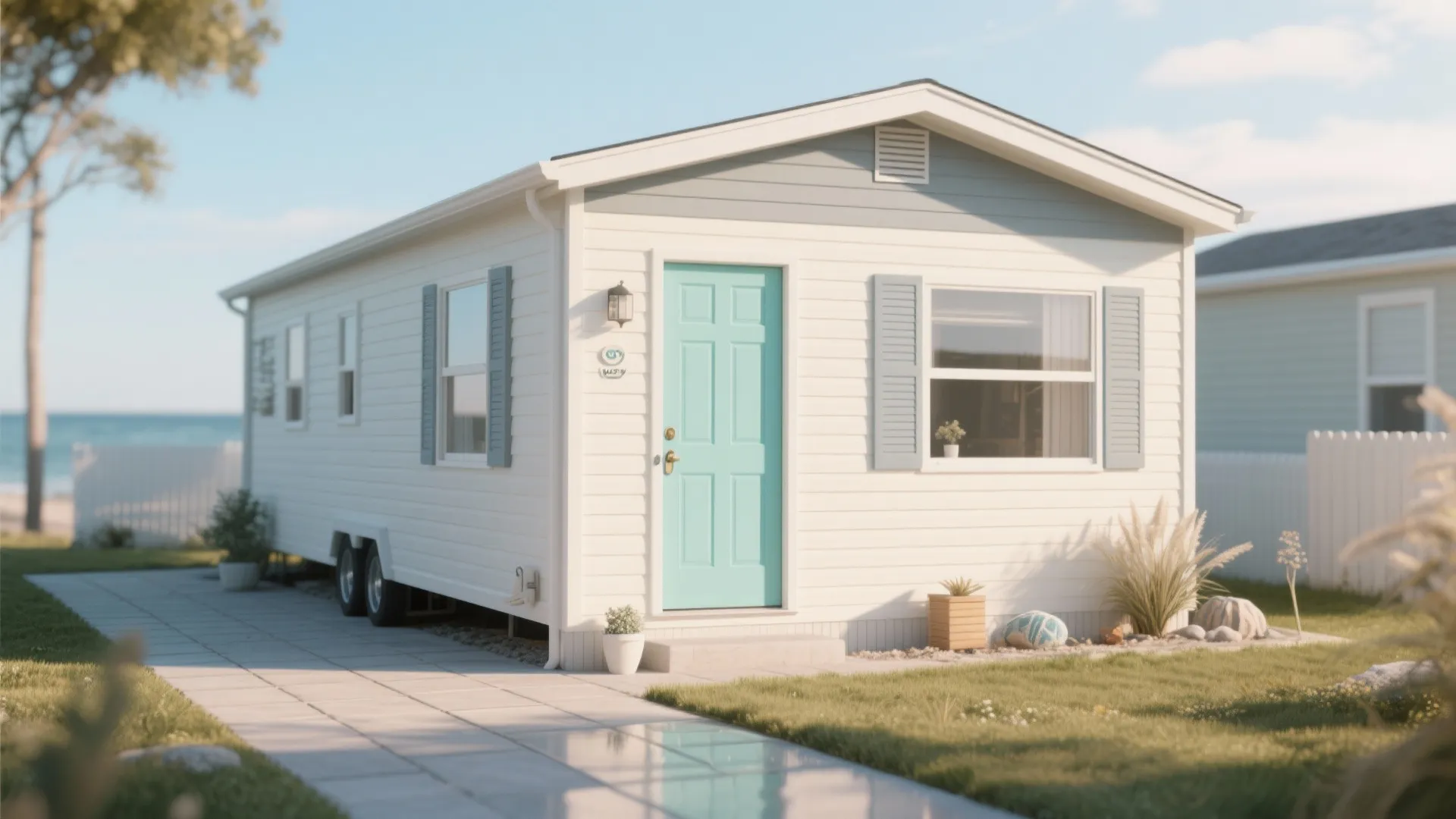 Mobile home with warm off-white siding, pale gray trim and a sea-glass door in a bright narrow yard.