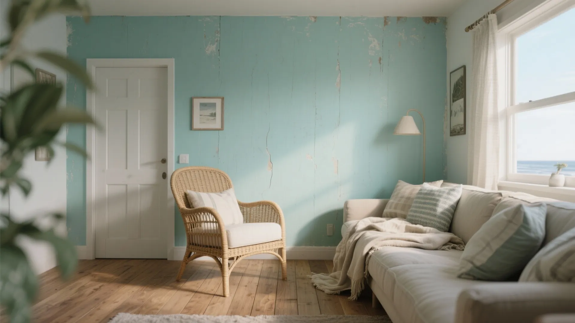Small coastal living room with light teal walls, rattan chair and warm wood finishes, soft daylight.