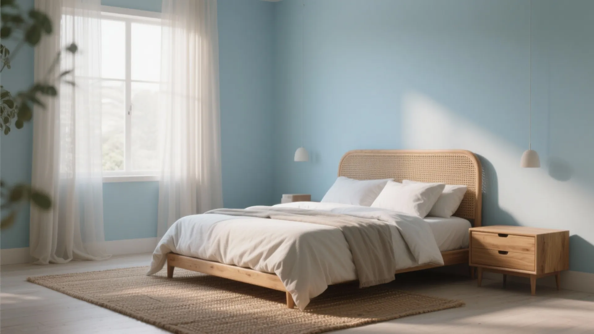 Minimalist light blue bedroom with rattan headboard wooden bed white curtains and soft natural sunlight