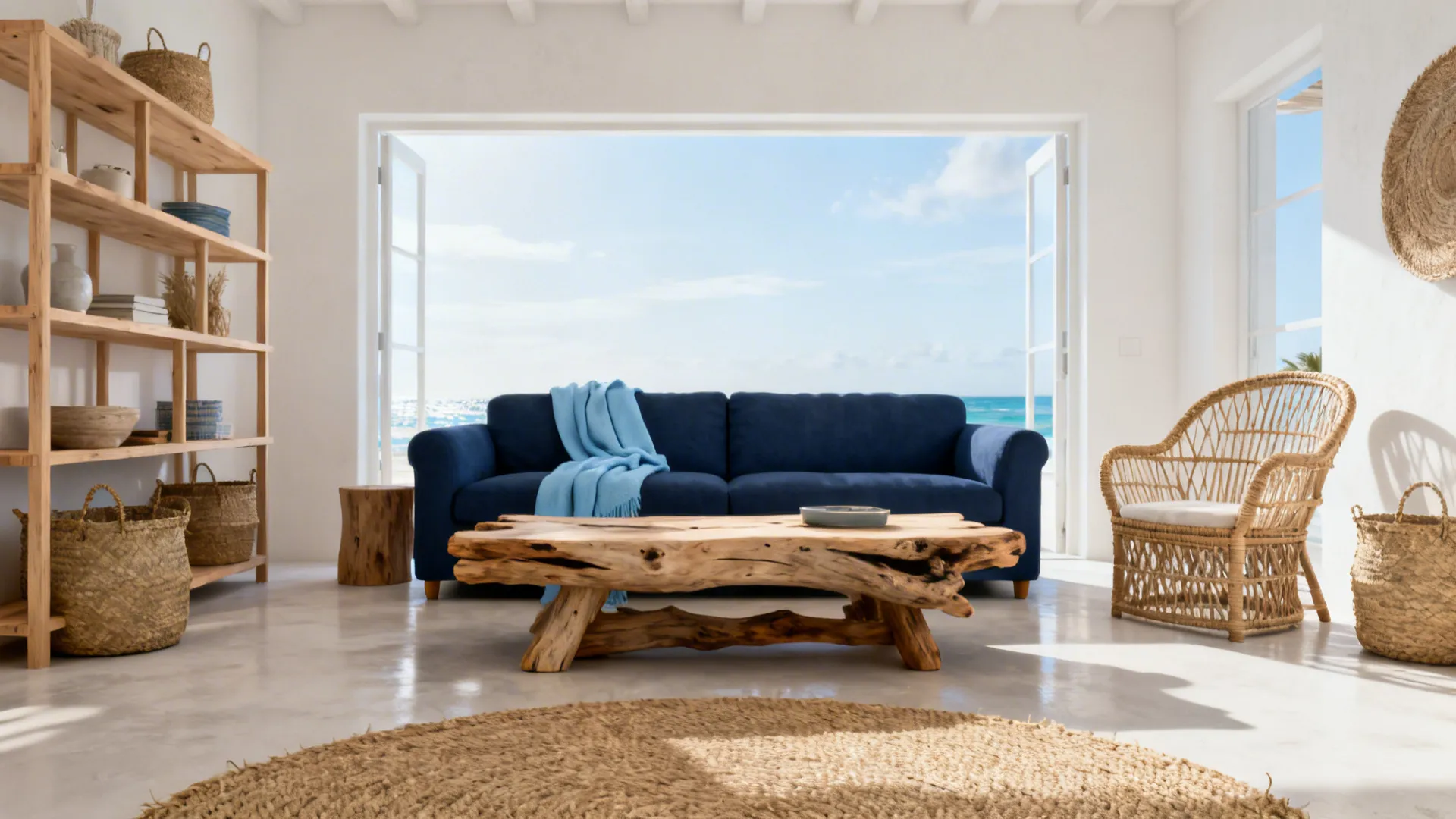 Coastal living room with a navy couch, driftwood coffee table and woven rattan accents.