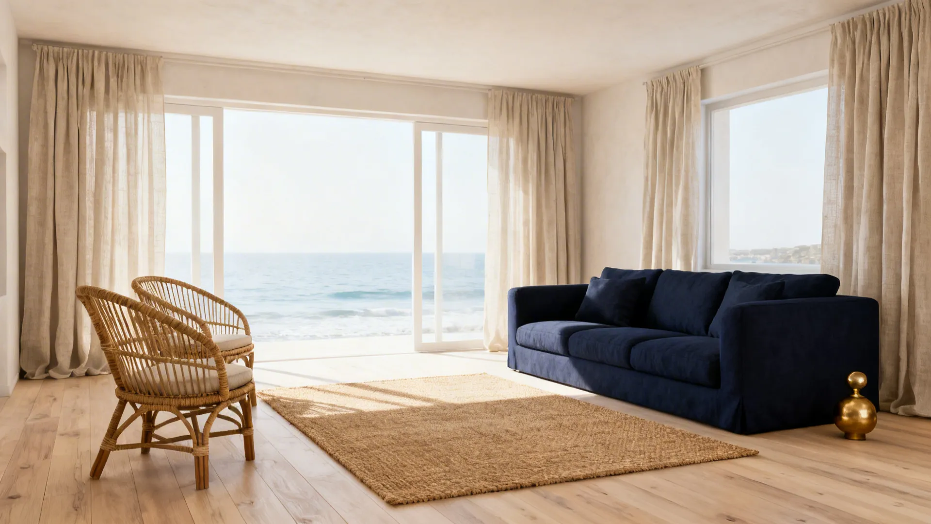 Coastal small living room with a navy sofa, rattan chairs, pale oak floor and linen curtains.
