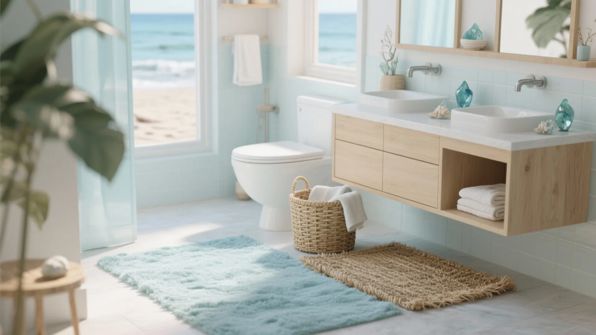 Coastal bathroom with light blue tiles wooden vanity white sinks toilet and view of the ocean