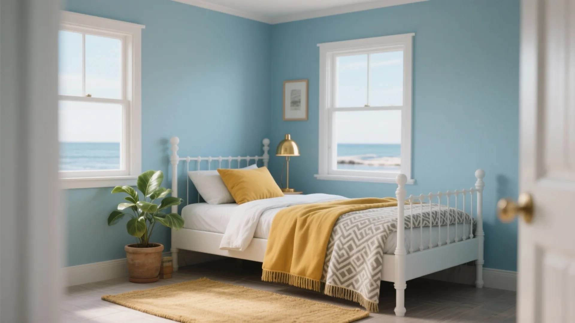 1. Coastal Calm: Soft Blues with Mustard Accents
