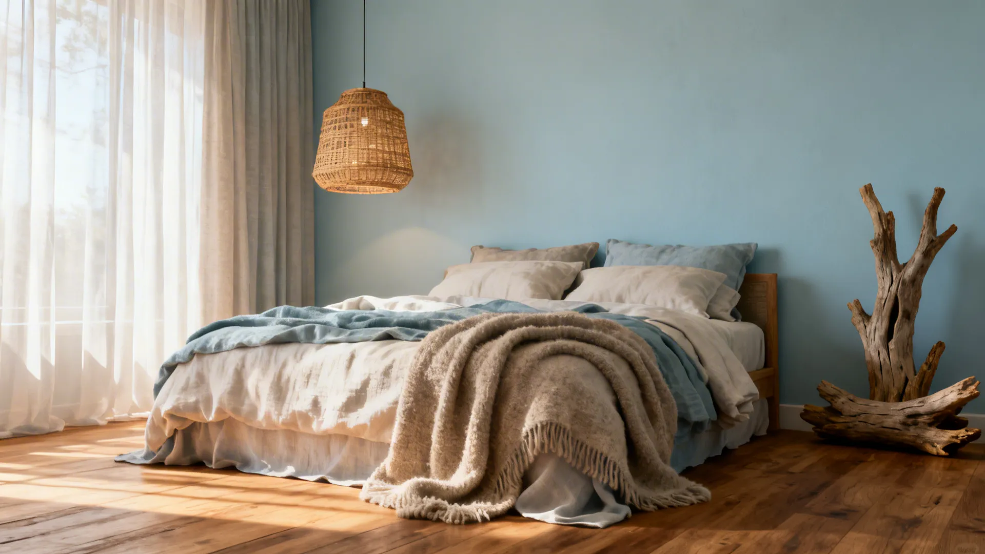 Coastal bedroom with light blue wall wooden floor woven ceiling light and white window curtains