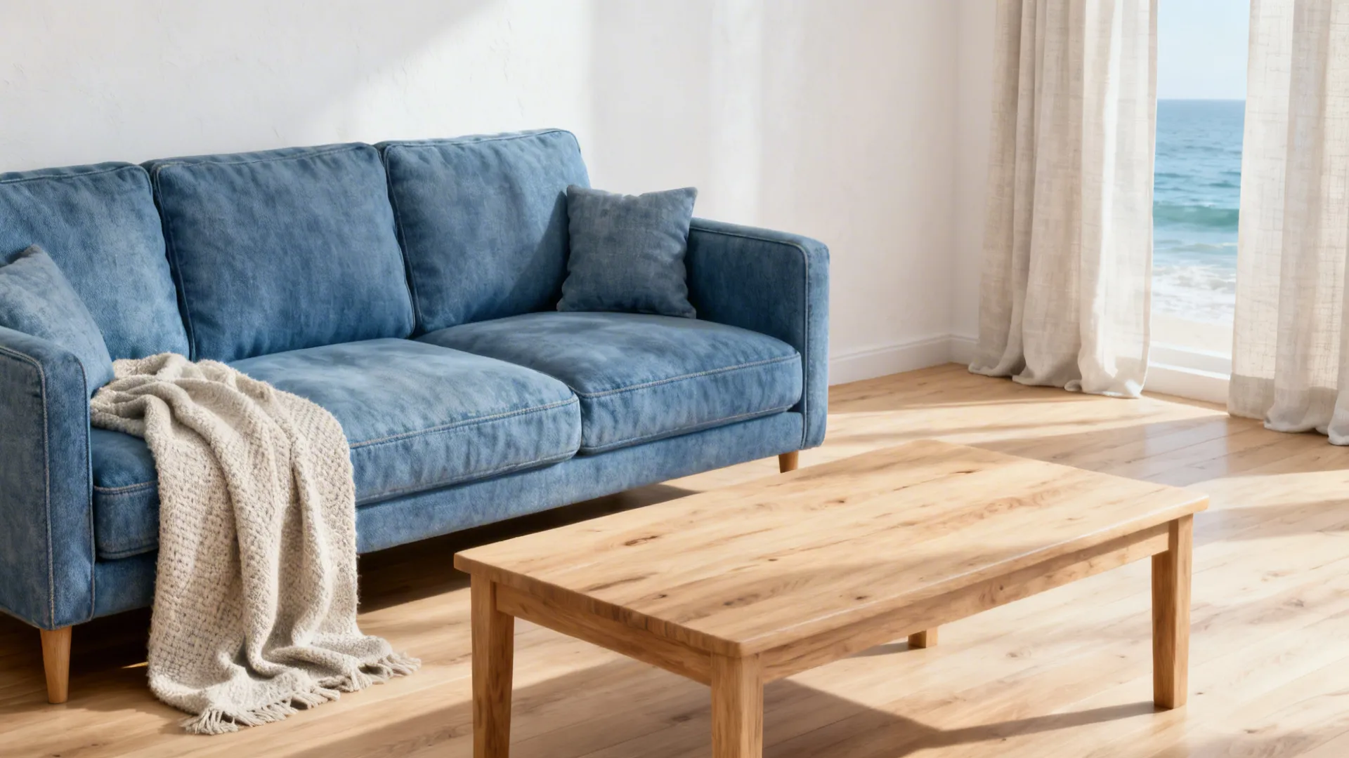 Coastal-inspired living room with a denim-blue sofa, pale oak floors and linen curtains.