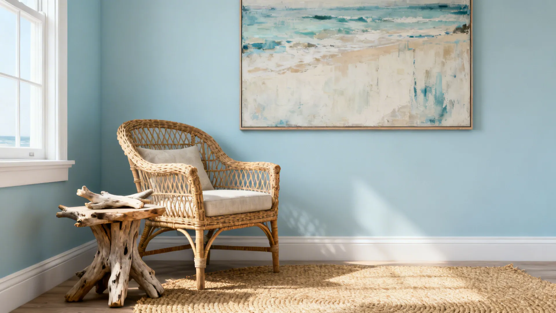 Coastal calm corner with light blue walls, rattan chair, jute rug and driftwood accents.