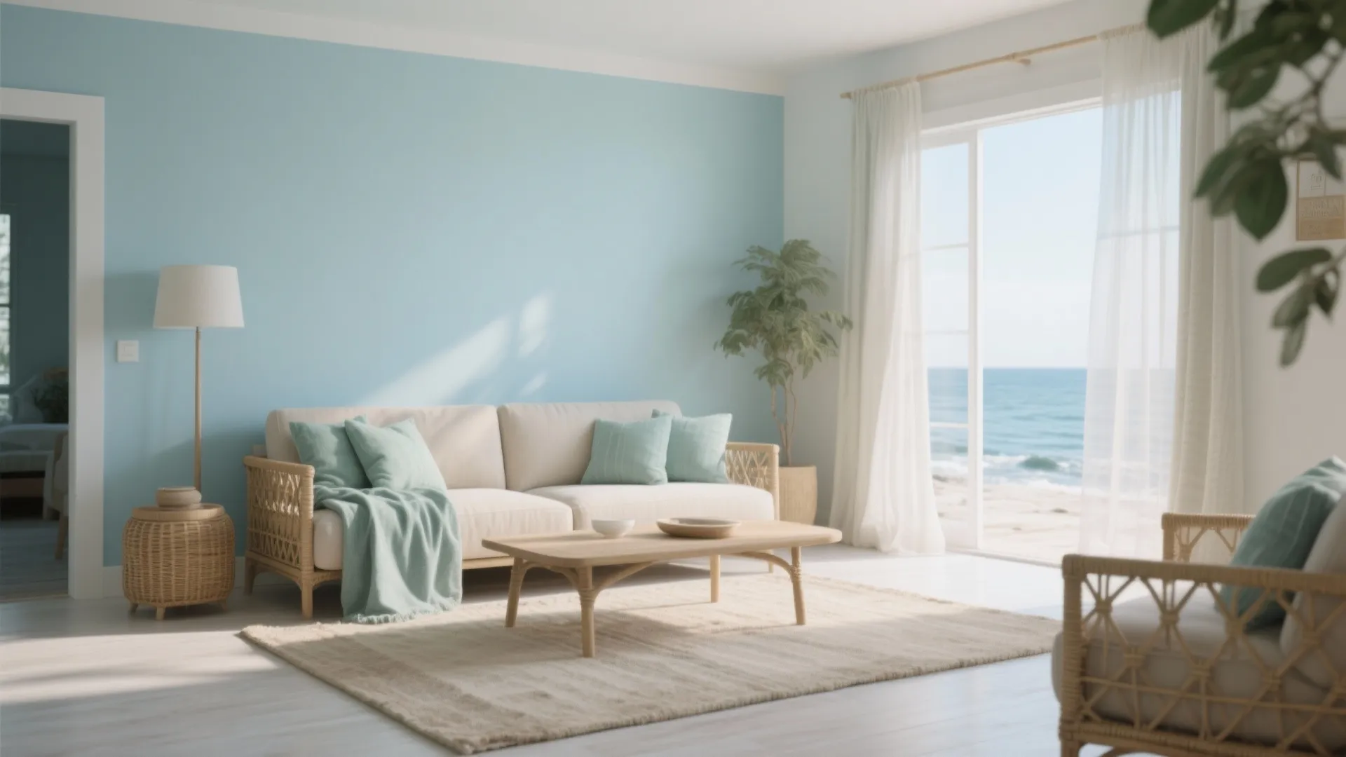 Coastal living room with light blue wall beige sofa wooden coffee table and ocean view