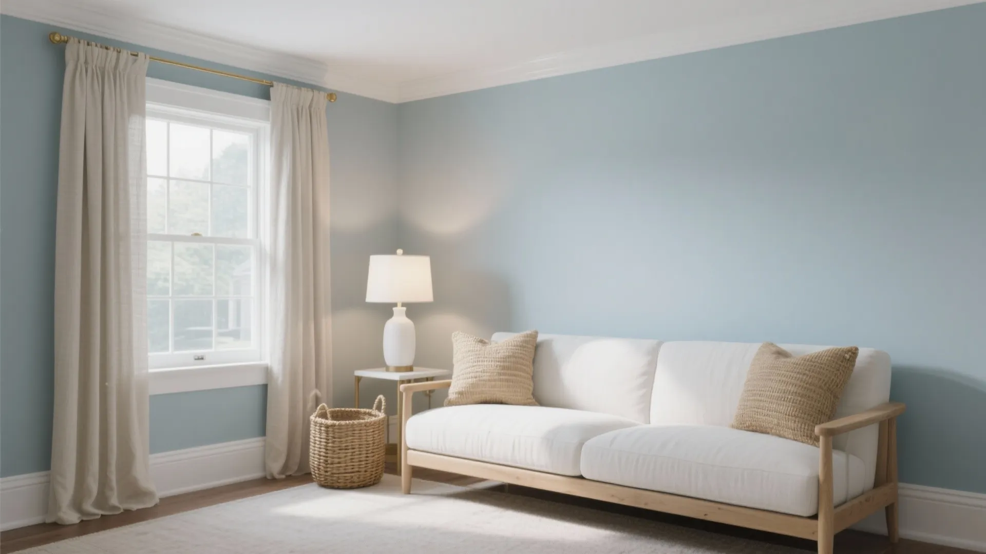 Soft Blue-Gray Walls + Warm Neutrals (Coastal Calm)