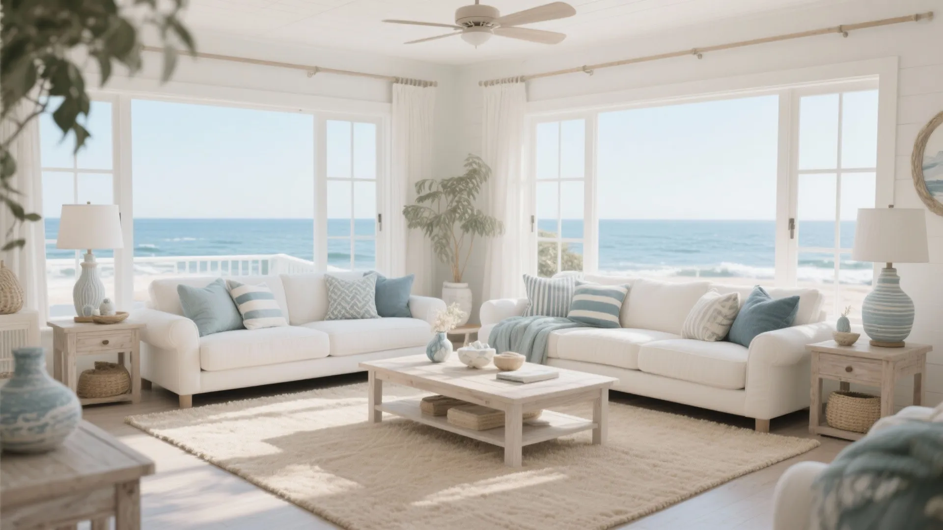 Coastal living room with white sofas blue pillows large windows ocean view and a ceiling fan