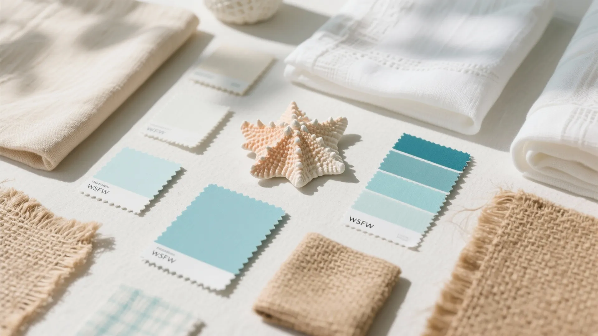Coastal mood board with blue color swatches starfish white towels and natural fabric material samples
