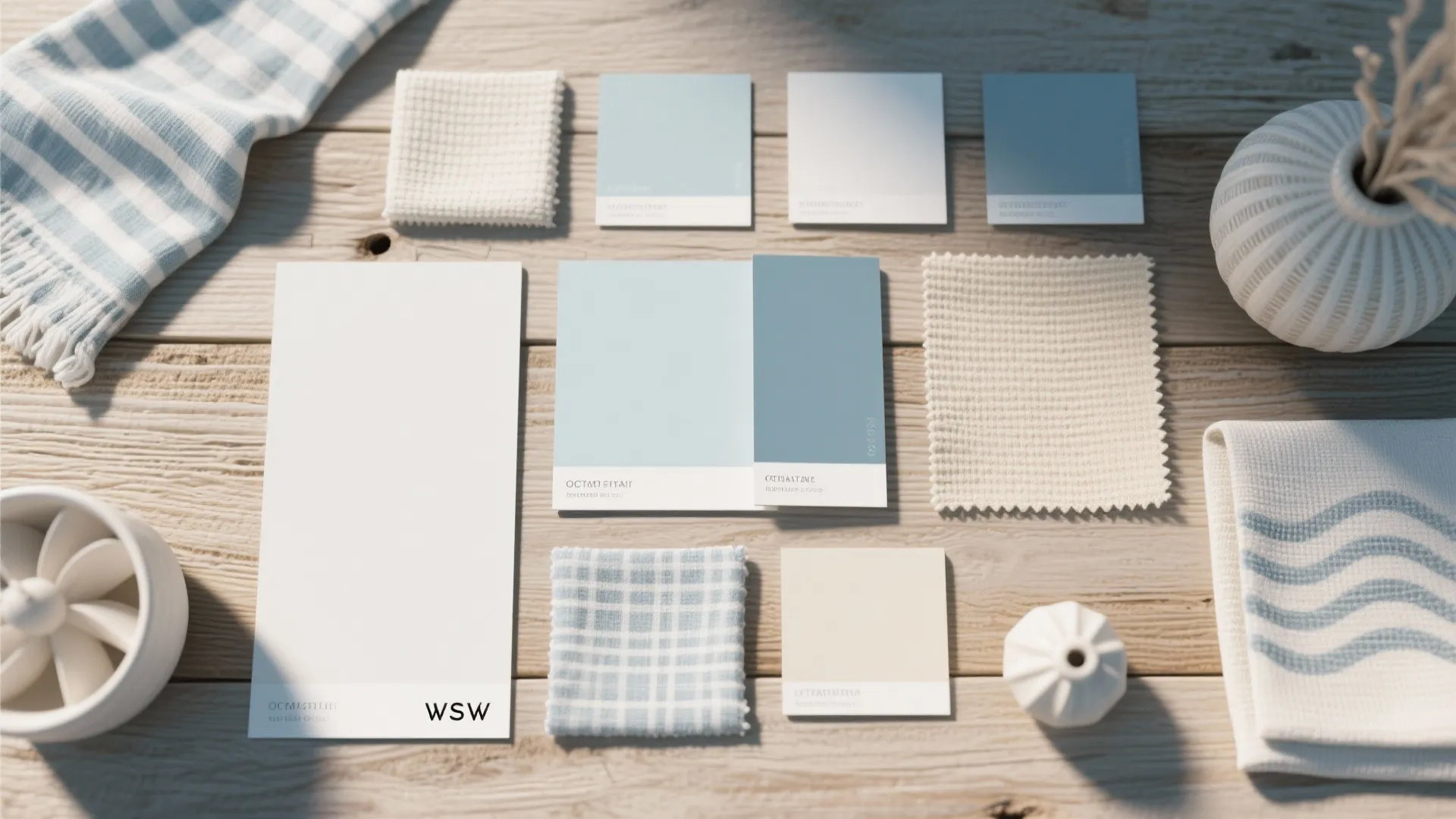 Interior design color palette with blue and white paper samples fabric swatches on wood table
