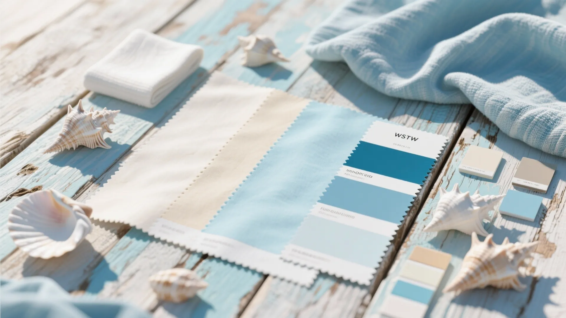 Coastal color palette swatches in blue and beige tones with sea shells on blue wood